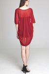 Model wearing short red chiffon kimono